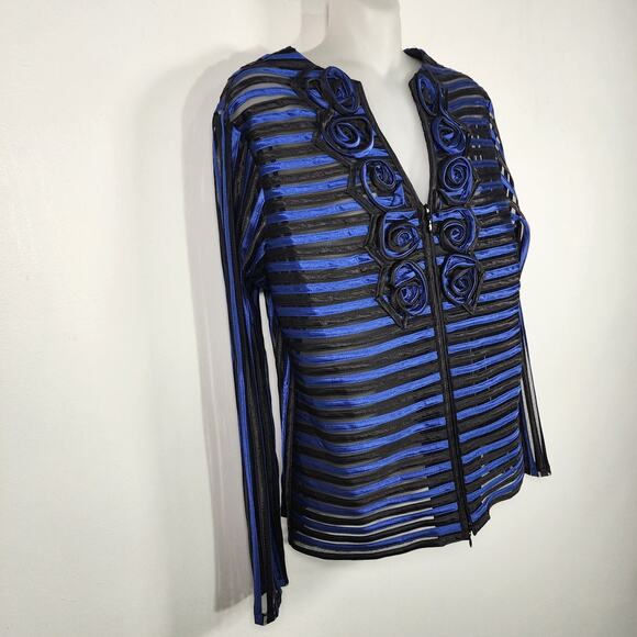 T&W Designs Women Jacket Full Zip Rosettes Striped Blue Black Sheer Long Sleeve - Picture 6 of 10
